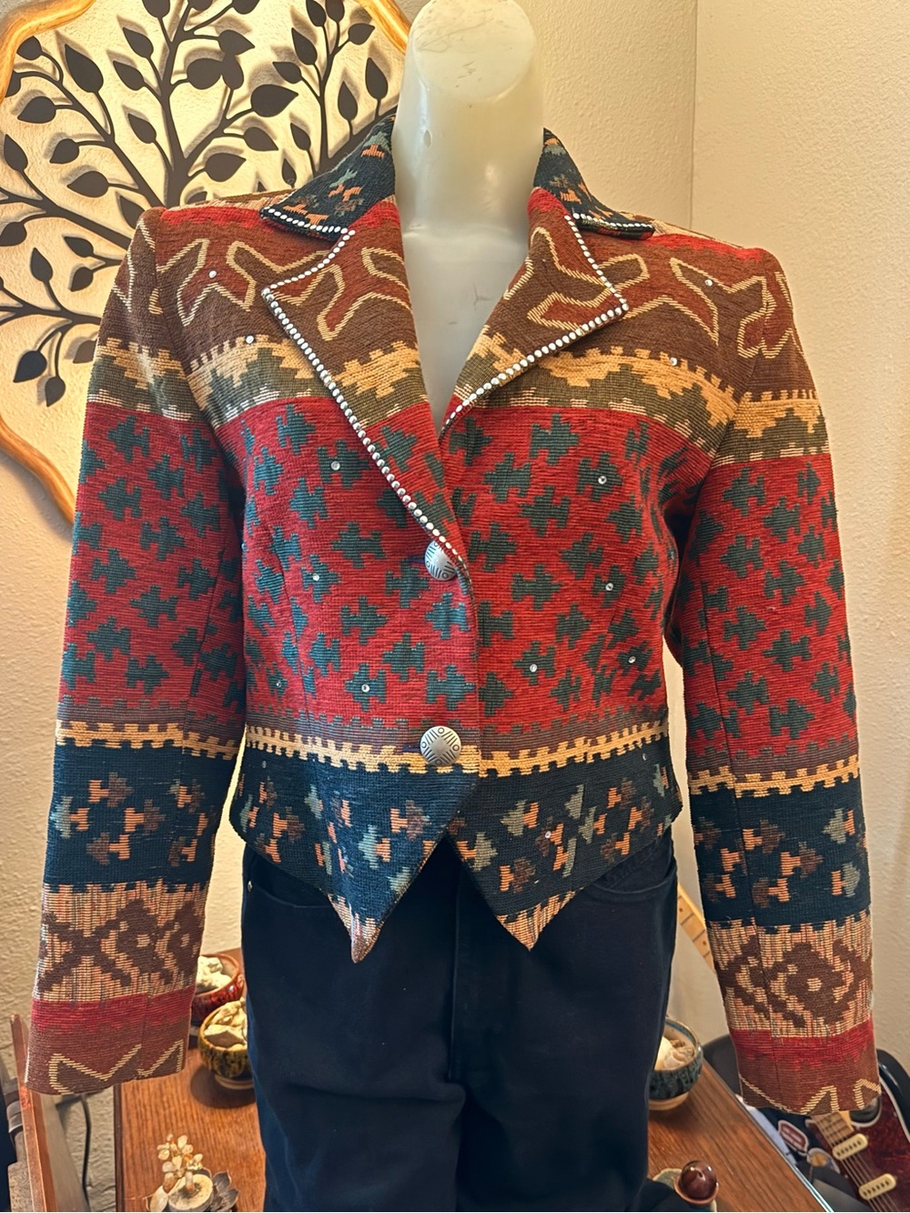 Southwestern-Style Knit Blazer Jacket in Red, Brown & Navy